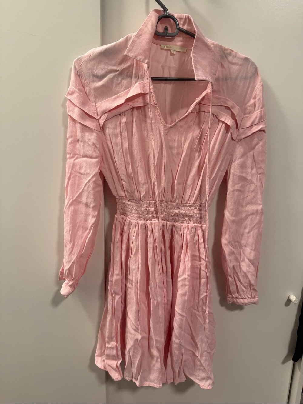 Maje Pale Pink Long-Sleeve Smocked-Waist Dress